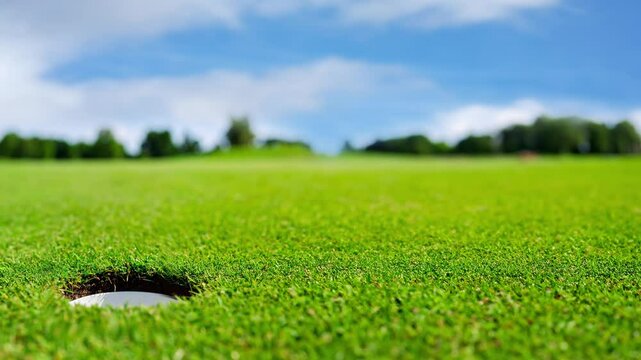 Golf ball rolls into the hole.
Golf ball rolls into a hole in the foreground.