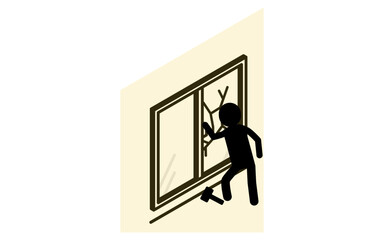 Suspicious person breaking in by smashing window with hammer, Crime Prevention and Home Security Isometric Icon
