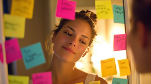 Young woman reflecting on colorful sticky notes in cozy indoor space during evening time