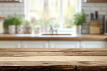 Wooden table on blurred kitchen bench background. Empty wooden table and blurred kitchen background