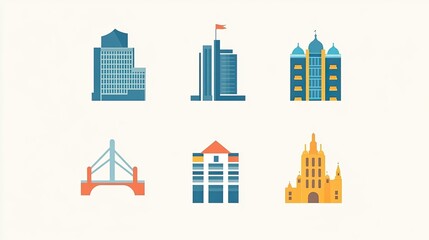 Fototapeta premium Stylized Architectural Illustrations: Buildings, Bridge, and Structures in Flat Design