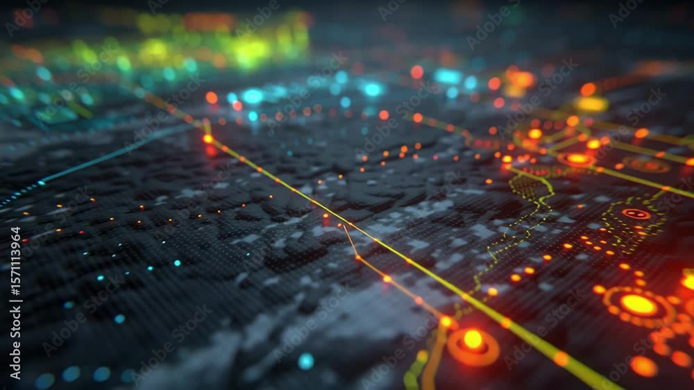 Poster dynamic digital landscape featuring a network of vibrant lights and intricate patterns, illustrating