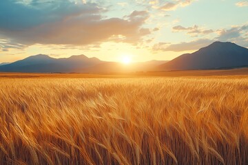 Obraz premium Golden Wheat Field at Sunset with Mountain Backdrop