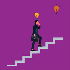 Man climbing stairs with lightbulbs symbolizing ideas businessman suit