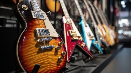 Fototapeta premium The collection of stunning electric guitars in a professional display setting.