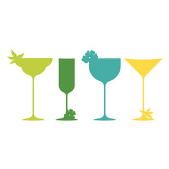 A collection of silhouettes of cocktail glasses, each of which is uniquely decorated with flowers on a white background.