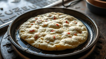 A delicious flatbread with red pepper flakes is sizzling in a dark pan on a stovetop in a rustic kitchen setting.