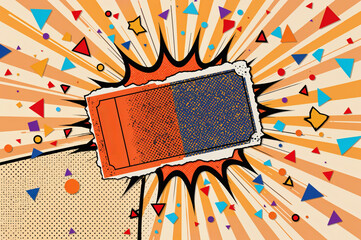 Torn movie ticket stub with comic-style background and explosion effect  