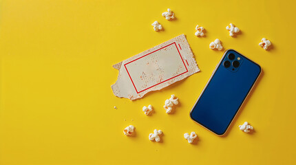 Torn movie ticket stub with smartphone and popcorn on yellow background , with copy space