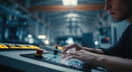 Industrial engineer uses a touchscreen control panel to manage machinery and processes within a modern, high tech factory setting, optimizing efficiency and productivity