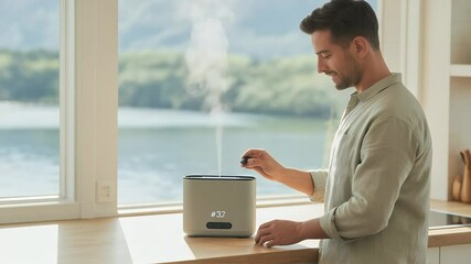Calm Relaxation: A man's peaceful moment with an essential oil diffuser. Evoking tranquility with nature's essence, fresh breeze, pure aroma.