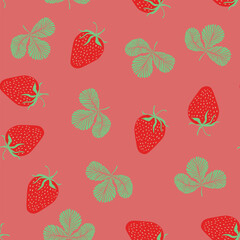 Seamless pattern with strawberry on color background. Natural delicious fresh ripe tasty fruit. Vector illustration for print, fabric, textile, banner, other design. Food concept.