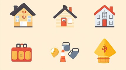 Illustrated Fire Safety Icons: Houses, Equipment, and Warning Signs on Beige Background