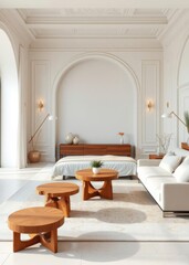 A warm white bedroom serves as the interior backdrop featuring exquisite furnishings including natural wooden tables in a contemporary style Empty room interior design Ultra realistic Photorealist