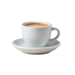 A sleek, white espresso cup containing rich, aromatic coffee on a matching saucer, ideal for coffee lovers and beverage enthusiasts.
