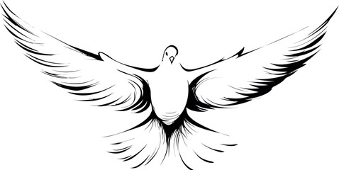 Line art of a flying dove with outstretched wings in black and white