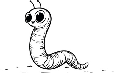 Fototapeta premium Happy cartoon worm with big eyes, black and white illustration