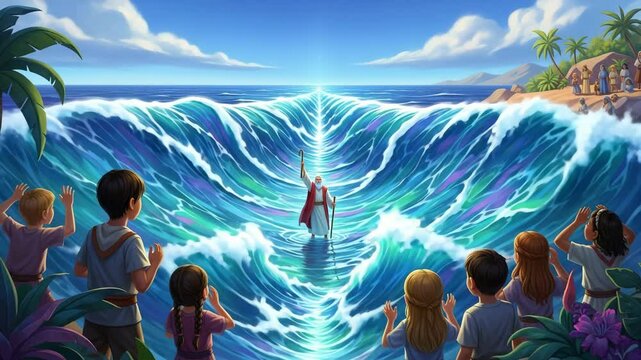  Moses parting the Red Sea with his staff, allowing the Israelites to cross while children watch in awe, a dramatic depiction of a biblical miracle