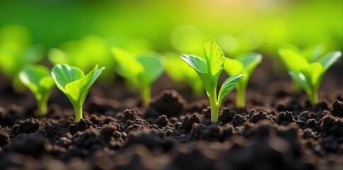 Vibrant Green Weed Seedlings Sprouting in Sunlight, Close-Up View of Unwanted Garden Plant Growth