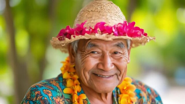 Elderly Man Smiles in Hawaiian Attire