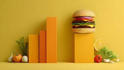 A creative representation of a burger with rising bar graphs, illustrating growth and the relationship between food and data.