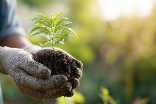 Hands holding soil with young plant, symbolizing growth and nurt