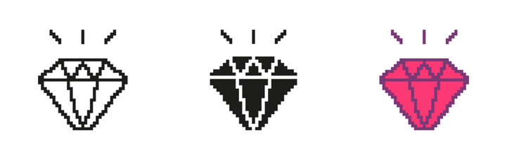 Diamond Pixelated Icon Set. Pixel Art Symbol of a Precious Gemstone. Luxury and Value. Shining Gem Symbolizing Wealth and Brilliance. Isolated Vector Illustration
