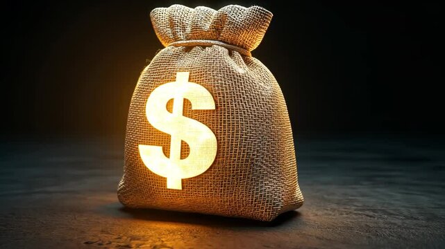 A burlap sack with a glowing dollar sign is illuminated in darkness, representing wealth and financial prosperity