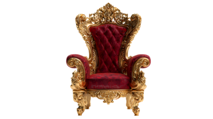 Ornate intricately carved gilded wood throne chair adorned with golden accents, red velvet upholstery, and lavish details, set against a transparent background, exuding opulence and regality.