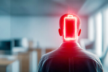 Silhouette of person with glowing red battery icon on head, symbolizing energy, exhaustion, burnout, and mental health. Copy space