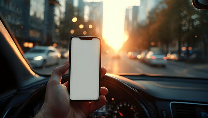 A hand holds a smartphone while driving through a city at sunset, symbolizing modern connectivity and urban lifestyle.