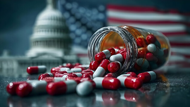 A dynamic image of scattered capsules on a reflective surface, with a backdrop of the U.S. Capitol and flag representing health debates.