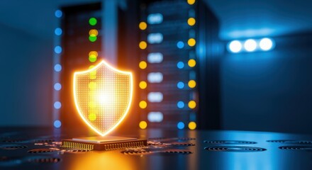 Hologram of a shield enveloping server racks and vast data sets, illustrating the concepts of cybersecurity, data protection, and secure server environments