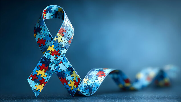 A vibrant puzzle piece ribbon symbolizes awareness and support for autism, set against a soft blue background.