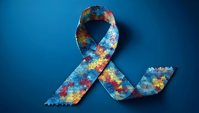 A colorful puzzle piece ribbon symbolizing autism awareness, standing out against a vibrant blue background.