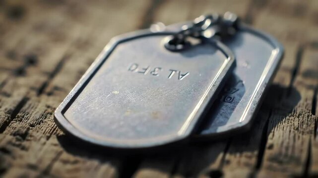 Close-Up of Military Dog Tags on Weathered Wood Surface: Remembrance and Sacrifice
