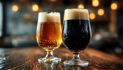 A vibrant display of two beer glasses, one golden and one dark, capturing the essence of craft brewing and enjoying a good drink.