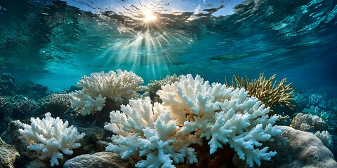 Obraz premium Vibrant coral reef under clear blue water, illuminated by sunlight. A stunning view showcasing marine life and ocean serenity.