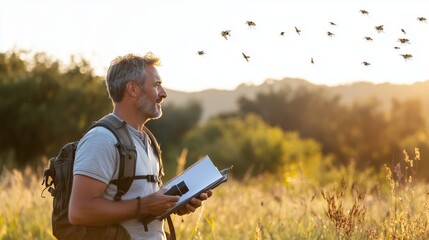 Man observing nature and documenting insects in a golden sunset field with trees