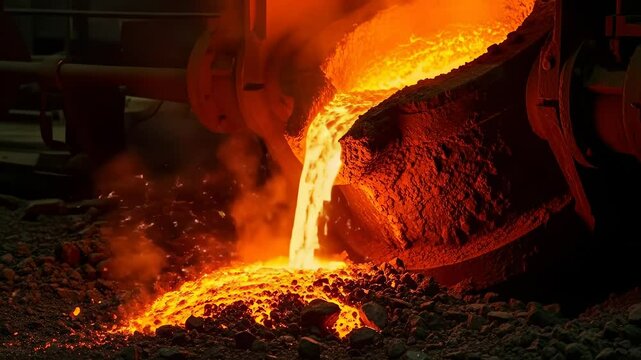 Bright molten metal pours from a large industrial ladle creating intense heat and glowing sparks in a dark factory.