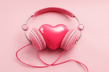 Pink heart surrounded by headphones on pastel background, symbolizing love for music, emotion, passion, and romantic sound. Copy space