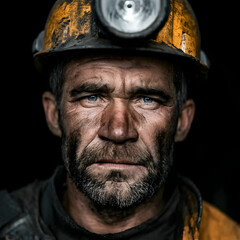 A close-up portrait of a rugged miner in a hard hat, showcasing determination and resilience in a challenging environment.