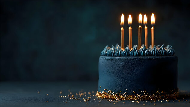 A beautiful navy blue birthday cake with lit candles, elegantly decorated and ready for celebration and enjoyment.