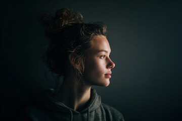 a woman with a messy bun in her hair