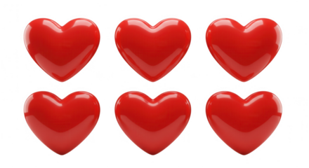 Six red hearts arranged in a grid pattern isolated on transparent background