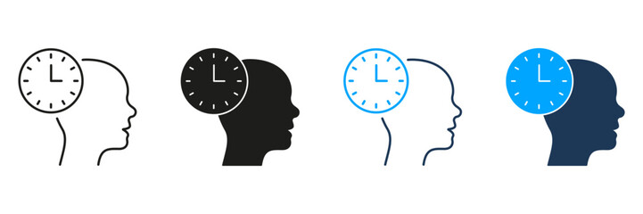 Silhouette Head With Clock Line And Solid Icon Set. Time Management, Mental Scheduling, And Cognitive Planning Symbol Collection. Productivity And Efficiency Concept. Isolated Vector Illustration