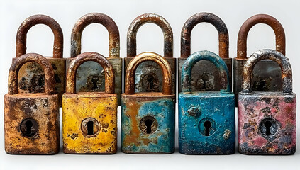 A collection of vintage padlocks showcasing unique colors and textures, representing security and nostalgia in industrial design.