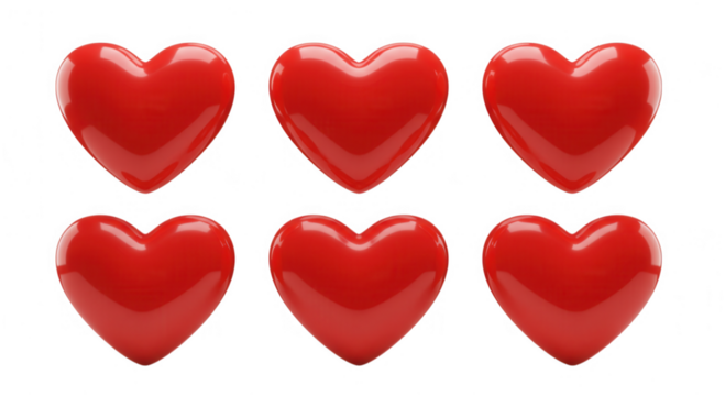 Six red hearts arranged in a grid pattern isolated on transparent background