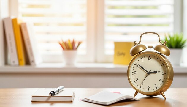 Golden alarm clock on wooden desk with notebook and stationery - Powered by Adobe