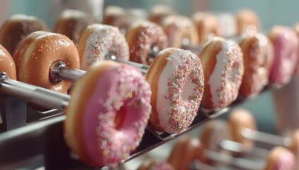 A tempting display of colorful donuts, showcasing a variety of flavors and toppings in a delightful arrangement.